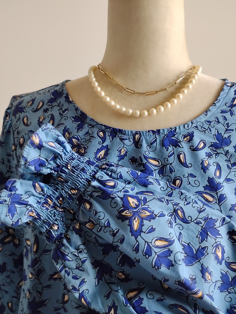 J. Crew Factory Cotton Stretch Bohemian Floral Ruffle Cuff Blouse Blue Size XL